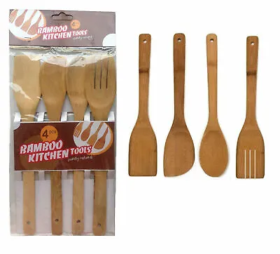 £3.20 • Buy 4 X Piece Bamboo Wooden Kitchen Cooking Utensils Set Tools Spatula Spoon Turner