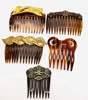 Lot 5 New Old Stock Faux Tortoise Hair Combs France Gilt Metal Accent Vintage 3 • $59.99