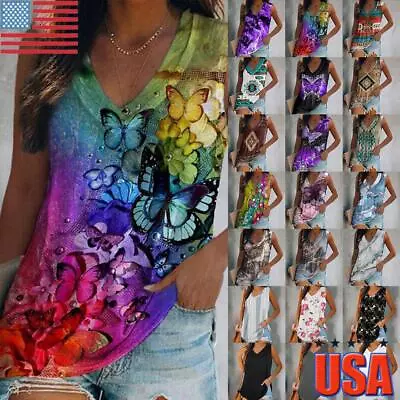 $14.54 • Buy Women Casual V Neck Tank Tops Ladies Summer Sleeveless Loose Vest T-Shirt Blouse