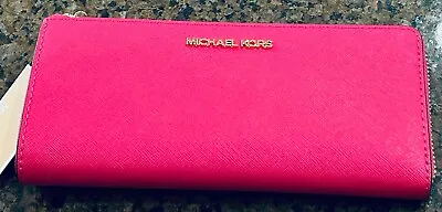 New Michael Kors Electric Pink Hot Pink Jet Set Leather Large Quarter-Zip Wallet • $109.95