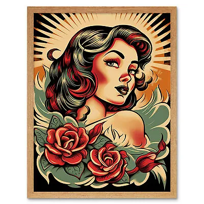 Pin Up Girl Roses Retro Tattoo Rockabilly 50s Framed Wall Art Picture Print 9X7  • £13.49