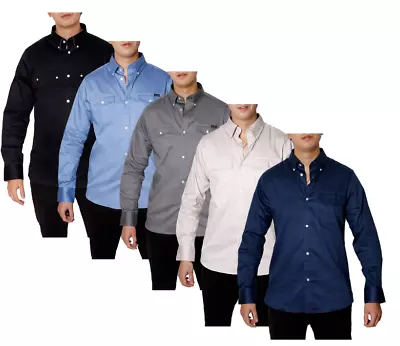 Men's Long Sleeve Regular Fit Plain Shirt Pockets Men Casual Shirt Top (2100) • £9.15