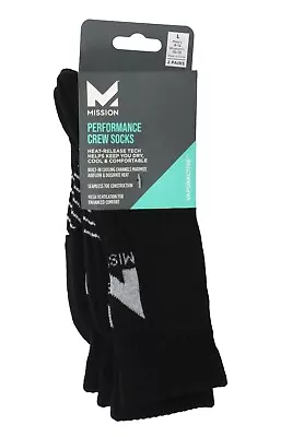 Mission Performance Crew Socks Black 2 Pairs Large Men's 8-12 Women's 10-13 • $11.99