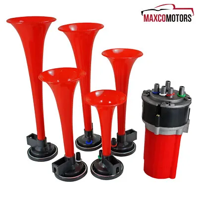 Red Air Horn Fits Great  La Cucaracha  Music 125DB 12V 5 Trumpet W / Compressor • $34.49