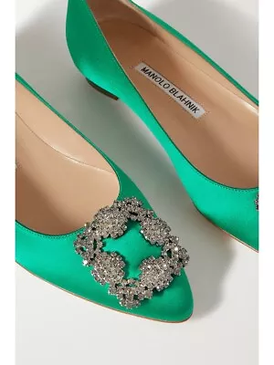 Manolo Blahnik HANGISI Ballerina Ballet Flat Green Satin Jewel Buckled Shoes 38 • $495
