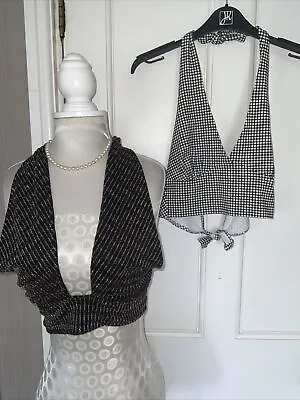£6 • Buy Black And White Polka Dot Cropped Halterneck Top Size 12 +pull & Bear Bnwt Top