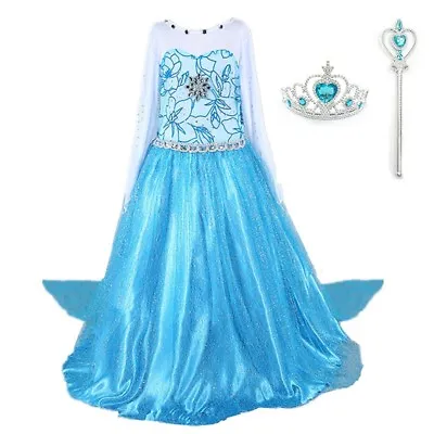 NEW Elsa Costume Princess Party Girls Dress With Crown And Wand 2-10 Y • $18.58