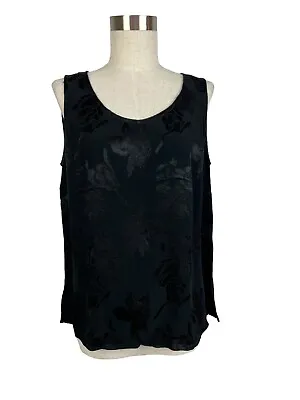 Violet Kay Black Tank Top W Glossy Black Floral Size Large Made In USA Rayon • $19.99