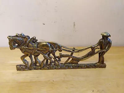 Vintage Brass Horse Door Stop - Farmer And Work Horses Plough • £19.99