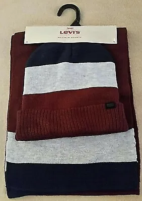 NWT MSRP $36 Levis Mens Hat Scarf Max Warmth Acrylic Navy Gray Burgundy Stripe • $12.38