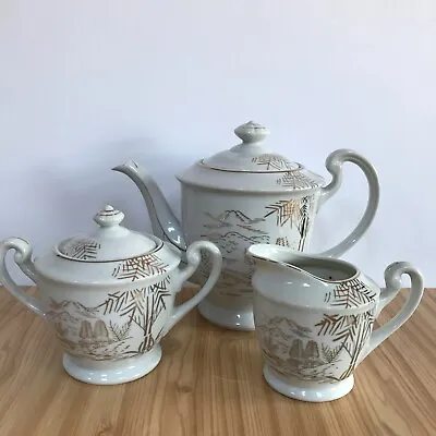 Japanese Tea Set White Gold Landscape Tea Pot Jug & Lidded Sugar Bowl Vintage • £22.95