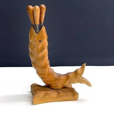 Vtg Mid Century Modern Italian Olive Wood 6 Cocktail Picks + Fish Holder Stand • £31.99