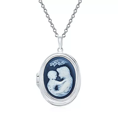 Vintage Blue Cameo Mother Loving Child Locket Hold Pictures Pendant • $119.99