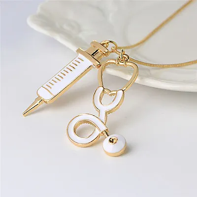 Alloy Medical Stethoscope Syringe Charm Pendant Necklace Chain Women Jewelry:da • £3.41