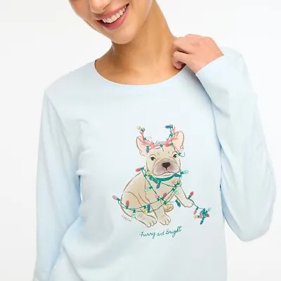 NWT J Crew French Bulldog Furry & Bright Collector Tee Shirt SMALL Light Blue • $29.99