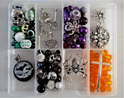 £2.95 • Buy Joblot  Halloween  Charms + Beads - 100 / Skull / Spider/cross/bat