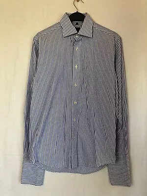 Katharine Hamnett Men's Formal Shirt Blue Stripe 100% Cotton Double Cuff Size 15 • £35