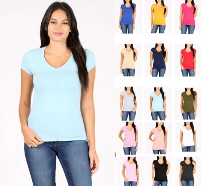 Women's Basic V-Neck T-Shirt Soft Cotton Knit Short Sleeve Solid Plain Top • $11.99