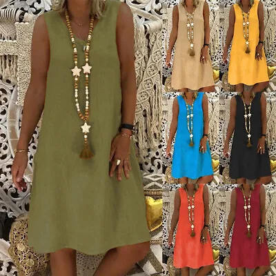 Summer Women's Cotton Linen V-neck Sleeveless Baggy Holiday Sun Dress Plus Size • £12.47