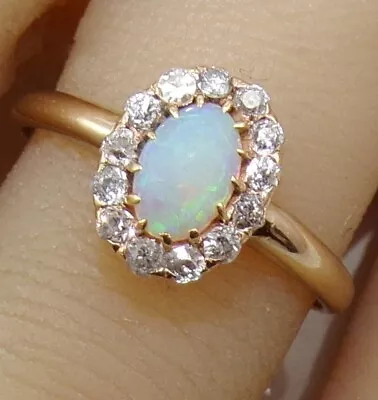 Solid Gold VTG Antique Natural Opal & Mine Cut Diamond Halo Ring Size 9.5 LLL3 • $739.99