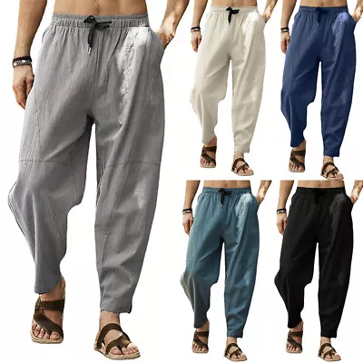 Mens Casual Cotton Linen Baggy Trousers Wide Leg Elastic Waist Loose Harem Pants • $16.99