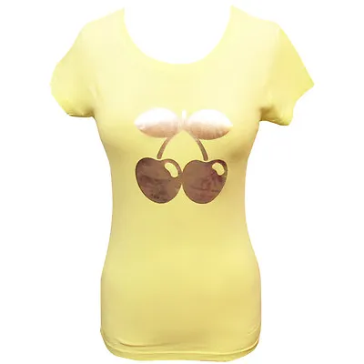 Pacha Ibiza Womens T-shirt Yellow GOLD Metallic Cherry Logo Extra Small Music • £24.99