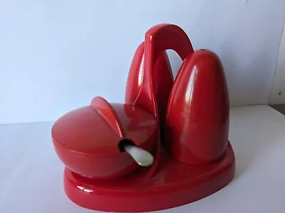 Red Vintage Melaware Melmex Melamine Cruet And Mustard Set In Stand Metal Spoon • £15