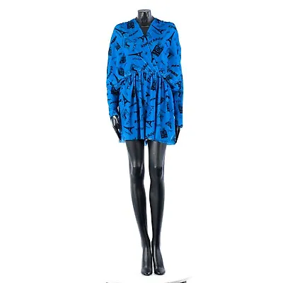 BALENCIAGA 1750$ Blue Velvet Pleated Mini Dress - Paris Print • $556.50