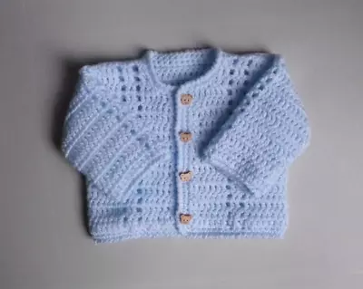 New Hand Crochet/Knit Baby Boys Blue Cardigan Fit Newborn-1 Month • £5.25