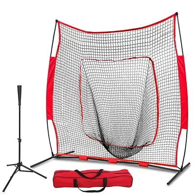  Pro-Style Batting Tee +Baseball Softball 7'×7' Practice Net W/Bag And Bow Frame • $53.59