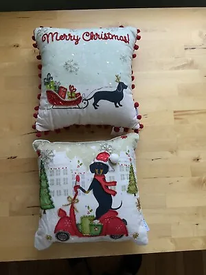 Dachshund Christmas Holiday Toss Throw Pillows SET OF 2 Beading NEW • $26