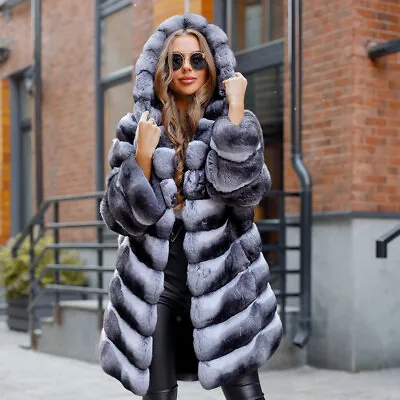 80cm Womens Real Rex Rabbit Fur Chinchilla Hood Basic Coat Genuine Fur Jackets • $509.57