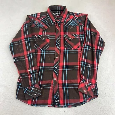 Wrangler Rock 47 Shirt Mens Medium Red Blue Pearl Snap Western Rodeo Long Sleeve • $16.49