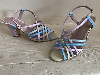 Rare Miss L Fire Pastel Strappy Sandals Heels Pink Blue Yellow Sz 37 Worn Once • £77.14