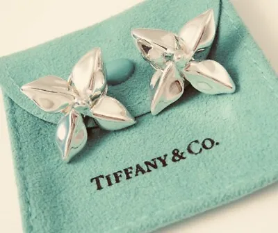 Tiffany & Co. S. Silver Plumeria Poinsettia Flower Pierced Omega Back Earrings • $499.99