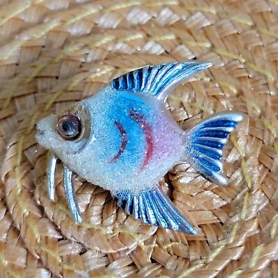 Vintage Fish Brooch Pin Sugar Coated Frosted Enamel Blue Pink Red Gold Tone Eyes • $16.88