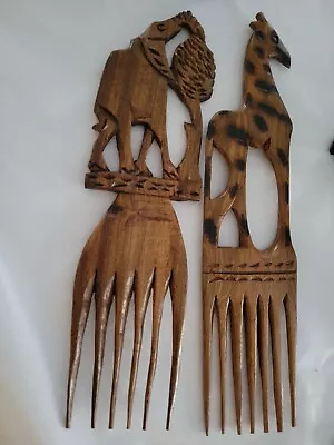 Vintage 2 African Hand Carved Wooden Hair Comb Afro Pick Elephant Giraffe • $55