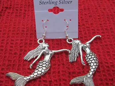 925 Sterling Silver & Tibetan Silver Mermaid Charm Dangle Earrings • $17.95