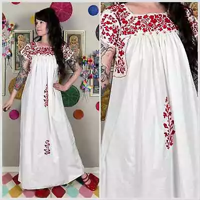 Vintage 1970s White And Red Embroidered Short Sleeve Maxi Dress - S/M • $150