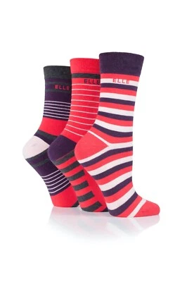 £10.99 • Buy Ladies 3 Pairs Elle Winter Berry Socks Striped Natural Cotton UK4-8