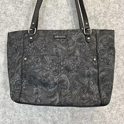 Sakroots Women's Black Floral Print Canvas Faux Leather Large Tote Shoulder Bag • $35