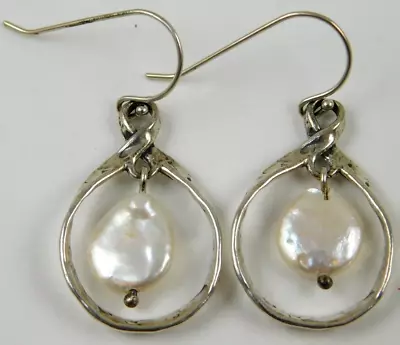 Vintage Israel Modernist Sterling Silver Pearl Dangle Drop Earrings • $9.99