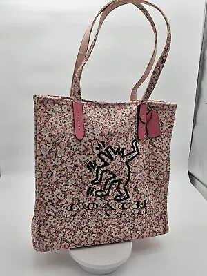 Coach X Keith Haring Dancing Man Floral Canvas Tote Pink Floral Leather - READ • $110