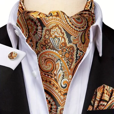 Men's Cravat Tie Silk Ascot Paisley Scarf Self Ties Pocket Square Cufflinks Set • £8.45