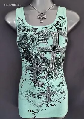 New VOCAL Womens CRYSTAL MINT AQUA BLACK CROSS TANK TOP SHIRT S Small USA • $42.70