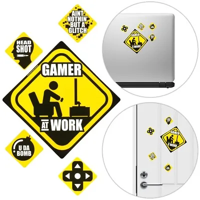 GAMER AT WORK VINYL STICKERS PS4 Xbox Console Gaming Wall Door Warning Decal UK • £4.01