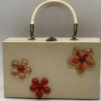 Vintage Floral Wooden Purse Handbag Applied Plastic Flowers Cream & Red • $12.99