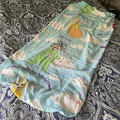 Vintage Teletubbies Fitted Sheet Bibb Toddler Bed Size Blue Cartoon Kids USA Vtg • $18.50