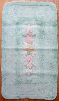 Vtg Chenille Rug Bath Mat Heavy Cotton Mint Green W/ Pale Flowers 2 Flaws 23x43 • $29