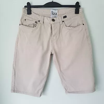 55 Soul Men's  Long Beige Cotton Denim  Shorts 5 Pockets Size Medium Waist 16  • £9